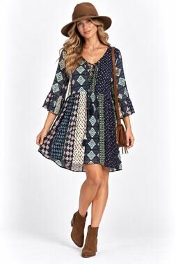 Ganji L.A. Boho Cottage Retro Patchwork 3/4 Sleeve Tie Bodice Baby Doll Dress